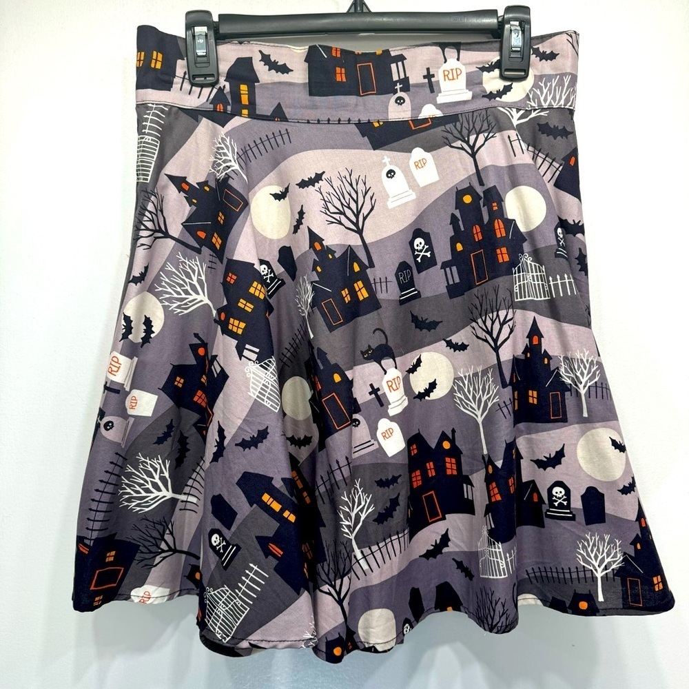 Halloween Mini Skirt Haunted Houses Graves Cats Bats Skull Print 100% Cotton XL